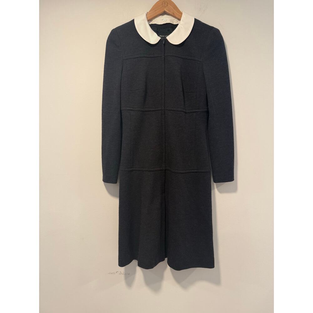 Vintage Rena Lange Academia Long Sleeve Shift Dress Black w White Collar Med JL